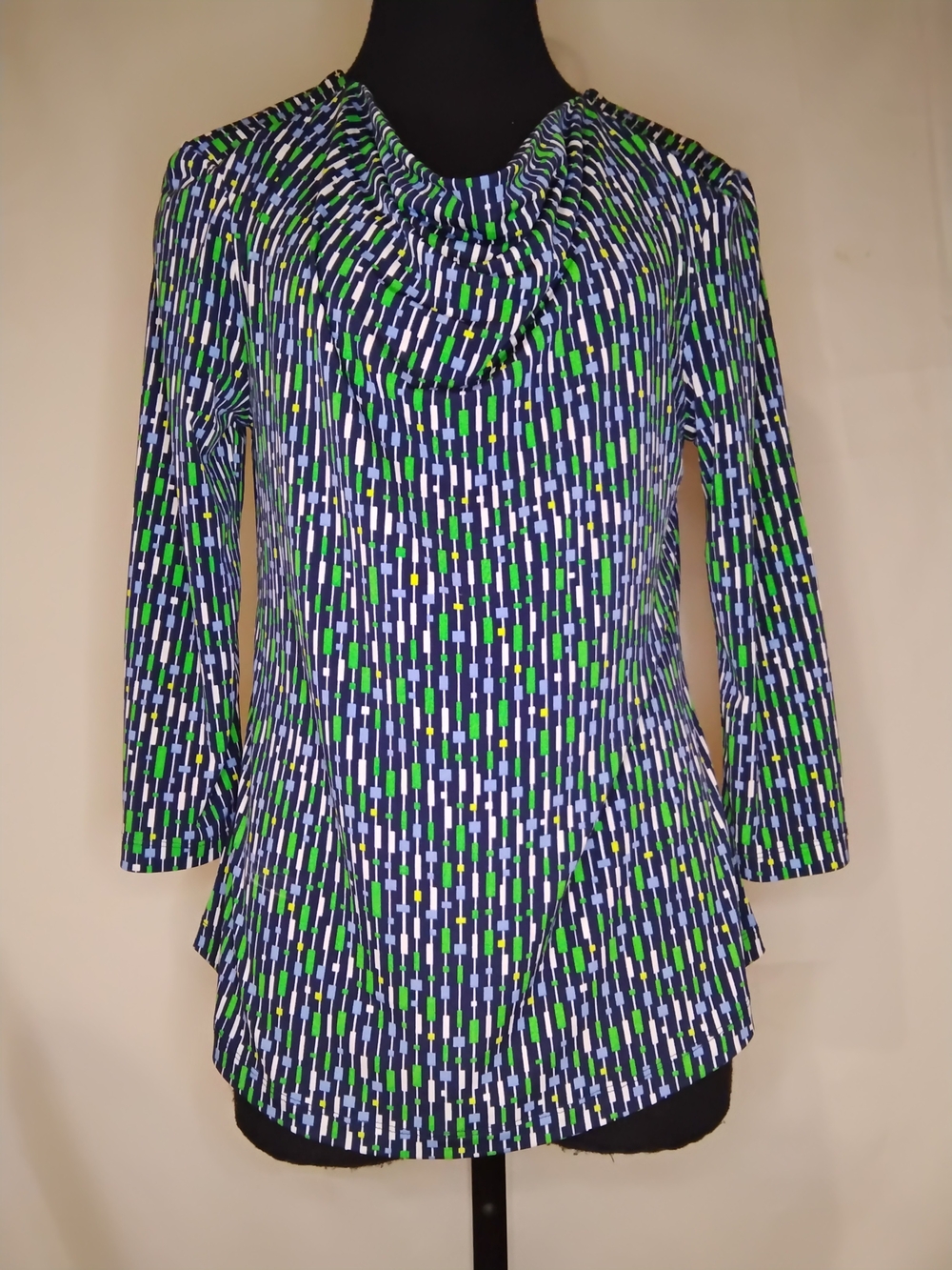 Liz Claiborne Navy, Green & White Geometric Cowl Neck Top